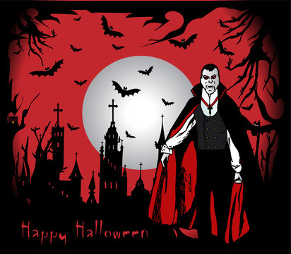 Happy Halloween background illustration/vector with Dracula and castle