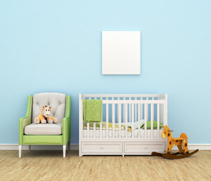Children's room with a bed, sofa, toys, empty white painting for