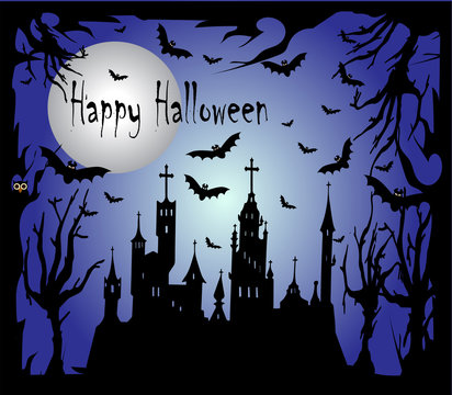 Happy Halloween background illustration/vector with castle and bats