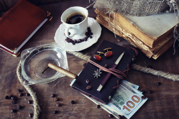 retro paper empty and objects pen rope cigar