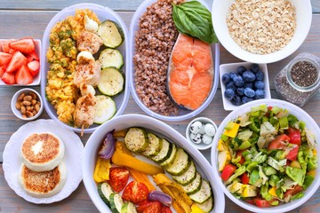Health & Fitness Food in lunch boxes. Set meal for the whole day