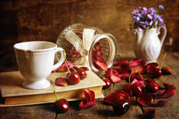 cherry berry on wooden background retro