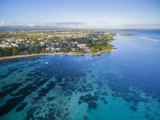 Mauritius beach aerial view of Bain Boeuf Beach in Grand Baie, Pereybere North