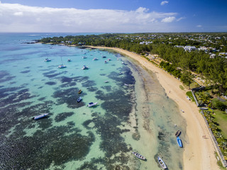 Mauritius beach aerial view of Bain Boeuf Beach in Grand Baie, Pereybere North