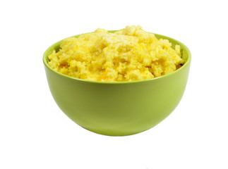 Russian National food - millet porridge with pumpkin filling, poured melted butter. Isolated on white background