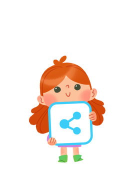 Ni&ntilde;a con icono de "Share" o "Compartir" para usar como bot&oacute;n en blogs, foros o p&aacute;ginas web.