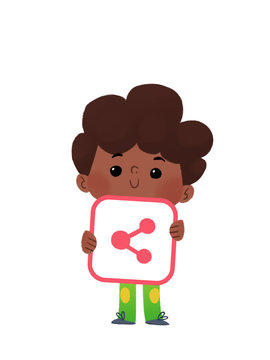 Ni&ntilde;o con icono de "Share" o "Compartir" para usar como bot&oacute;n en blogs, foros o p&aacute;ginas web.