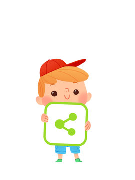 Ni&ntilde;a con icono de "Share" o "Compartir" para usar como bot&oacute;n en blogs, foros o p&aacute;ginas web.