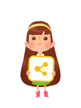Ni&ntilde;a con icono de "Share" o "Compartir" para usar como bot&oacute;n en blogs, foros o p&aacute;ginas web.