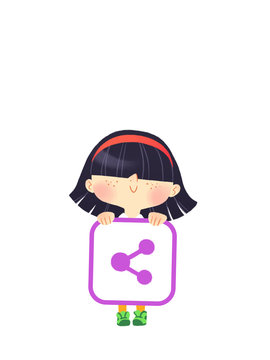 Ni&ntilde;a con icono de "Share" o "Compartir" para usar como bot&oacute;n en blogs, foros o p&aacute;ginas web.