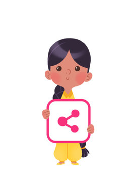 Ni&ntilde;a con icono de "Share" o "Compartir" para usar como bot&oacute;n en blogs, foros o p&aacute;ginas web.