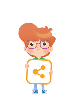Ni&ntilde;o con icono de "Share" o "Compartir" para usar como bot&oacute;n en blogs, foros o p&aacute;ginas web.