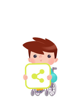 Ni&ntilde;o con icono de "Share" o "Compartir" para usar como bot&oacute;n en blogs, foros o p&aacute;ginas web.
