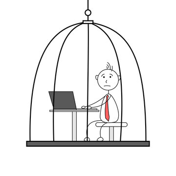 Cartoon employee working in a cage