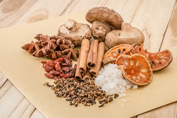 Chinese spices, herb and ingredients for cooking soup or medinci