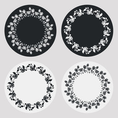 Set of silhouette round frames with roses. Design elements for graphic backgrounds. Vector clip art.