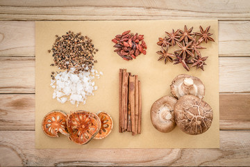 Chinese spices, herb and ingredients for cooking soup or medinci