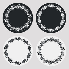 Set of silhouette round frames with roses. Design elements for graphic backgrounds. Vector clip art.