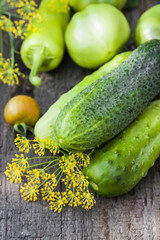 Harvest cucumbers on the wooden background