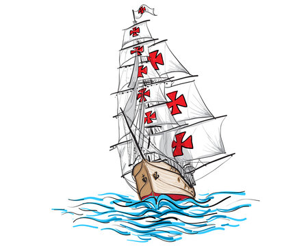 Columbus ship hand draw and paint on white background vector illustration.
