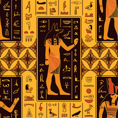 Seamless pattern with egyptian gods and ancient egyptian hieroglyphs. Retro hand drawn vector illustration