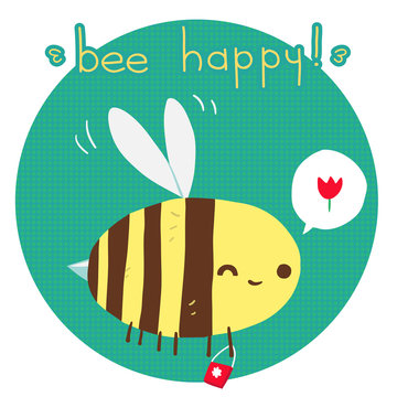 Vector cartoon flat Bee happy postcard.