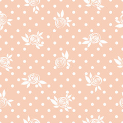 Seamless floral pattern, roses on the polka dot background, vintage illustration.