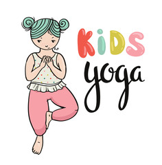 Kid yoga logo. Gymnastics for children. Healthy lifestyle poster. Vector illustration.