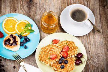 Healthy breakfast on wooden background