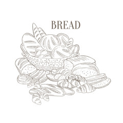 Different Bread Still Life Hand Drawn Realistic Sketch