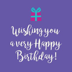 Purple Happy Birthday greeting card with a pink wrapped gift