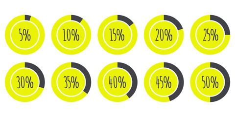 Vector Infographics 5%, 10%, 15%, 20%, 25%, 30%, 35%, 40%, 45%, 50% yellow and grey Pie Charts isolated on white