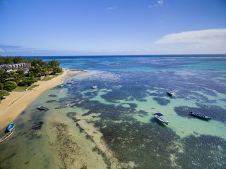 Fototapeta premium Mauritius beach aerial view of Bain Boeuf Beach in Grand Baie, Pereybere North