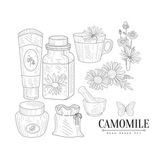 Camomile Cosmetics And Tea Hand Drawn Realistic Sketch