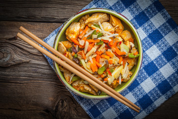 Bowl of fried chicken with vegetables.