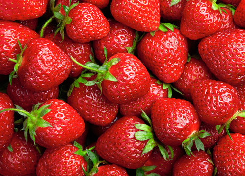 Strawberry background. Red ripe organic strawberries on market c