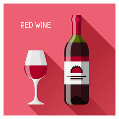 Bottle and glass of red wine in flat design style