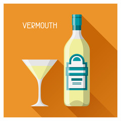 Bottle and glass of vermouth in flat design style