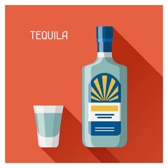 Bottle and glass of tequila in flat design style