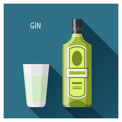 Bottle and glass of gin in flat design style