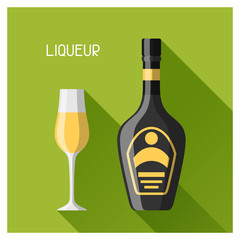 Bottle and glass of liqueur in flat design style
