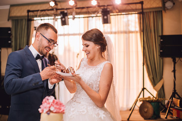 Bride and Groom at Wedding Reception Cutting the Wedding Cake. They feed each other cake. Wedding restaurant. 
