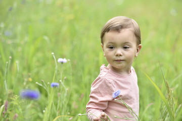Cute 2-year-old girl playing in wild flower field