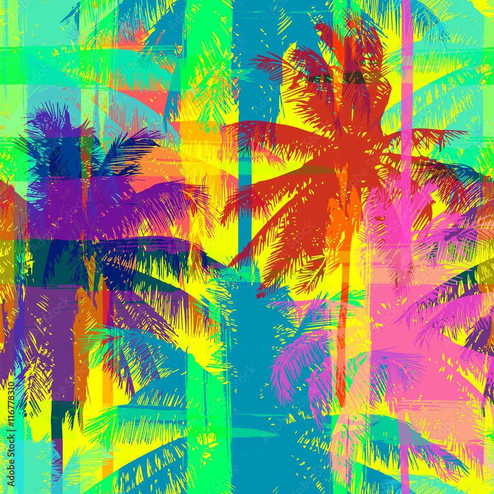 Wall mural tropical seamless pattern depicting pink and purple palm trees with with yellow highlights reflectio