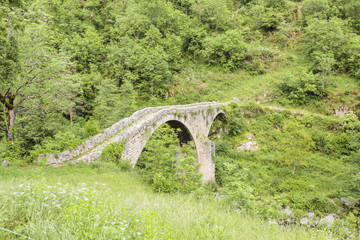 Fototapeta na wymiar The devils bridge over the river L'Ance near Saint-André-de-Chalencon