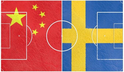 Flags of countries participating to the football tournament. Football field textured by Sweden and China national flags. 3D rendering