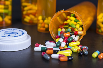 Prescription pills in amber bottles