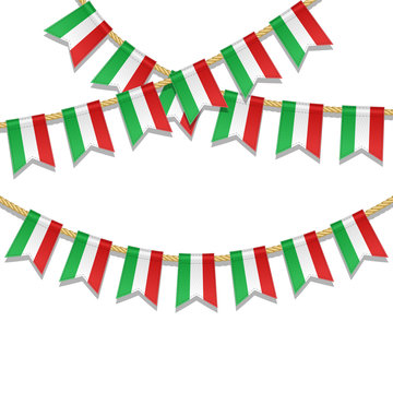 Vector Colorful Bunting Decoration In Colors Of Italian Flag. Garland, Pennants On A Rope For Party, Carnival, Festival, Celebration. Vector Illustration For National Day Of Italy On 2 June