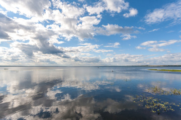 Air landscape on border of water and air on Pleshcheevo lake in Pereslavl Zalessky.