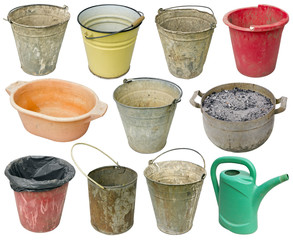  Metal and plastic used buckets isolated set